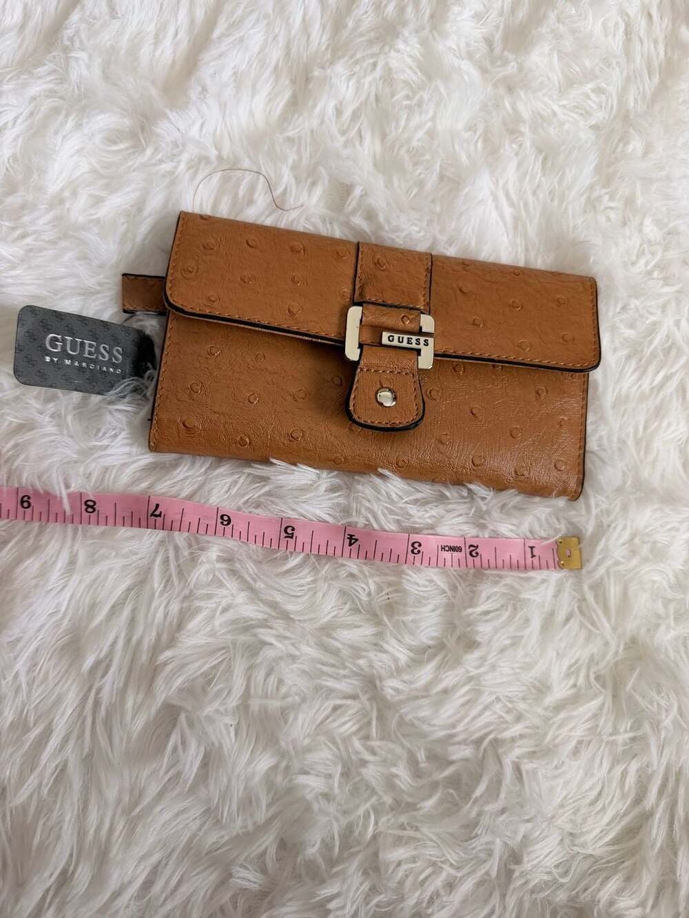 Guess By Marciano Ostrich Embossed Camel Brown Flap Wallet Nwt